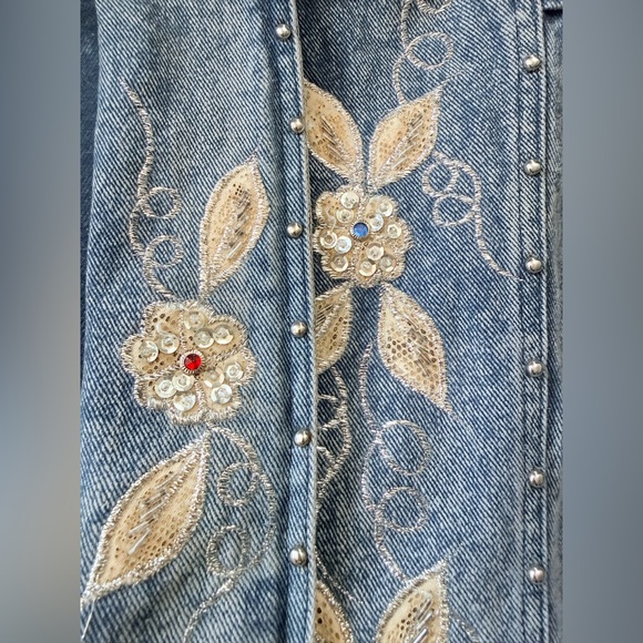 80s Oversized Acid Wash Embellished Studded Denim Jacket Batwing Rhinestone M - Picture 7 of 16